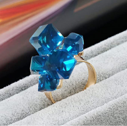 Hebelee Boho Square Crystal Statement Ring for Women Adjustable | Gold-Toned Expandable Promise Engagement Geometric Rings Comfort Fit Elegant Art Deco Christmas Cocktail Y2K Jewelry - color: Light Blue