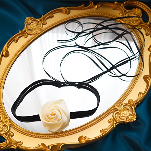 Black Choker Camellia Flower Lace-up Necklace For Women - color: Beige rose