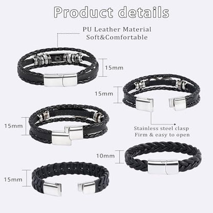 5 Pcs Braided Leather Bracelets for Men Women Woven Cuff Bracelet Adjustable - color: Silver Clasp