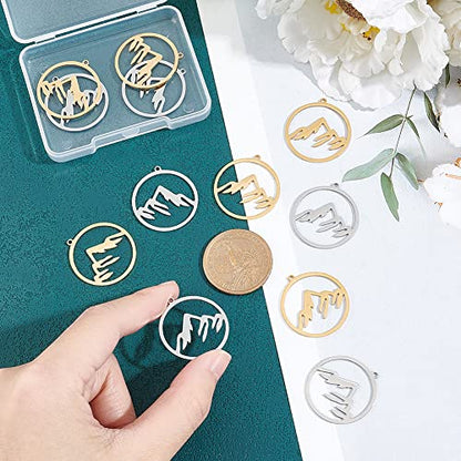 UNICRAFTALE Mountain Charms Flat Round with Mountain Dangle Pendants Stainless Steel Pendants Hypoallergenic Hollow Charms for Outdoor Lovers Hikers Skiers Climbers - style: Mountain