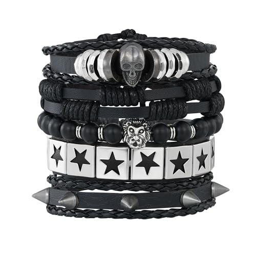 Braided Faux Leather Bracelet Punk Cuff Wrap Bracelets for Men Women Skull,Star,Bull bracelets - color: A2:5PCS