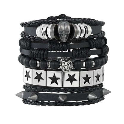 Braided Faux Leather Bracelet Punk Cuff Wrap Bracelets for Men Women Skull,Star,Bull bracelets - color: A2:5PCS