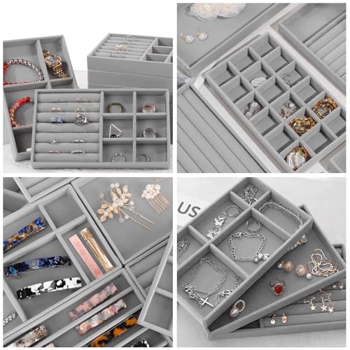 12Pcs Velvet Stackable Jewelry Trays, Jewelry Drawer Organizer, Large Removable Display Jewelry Tray, Necklace Bracelet Storage Box for Earring, Ring, Brooch, Watch (Grey) - color: 12 Pack-Grey