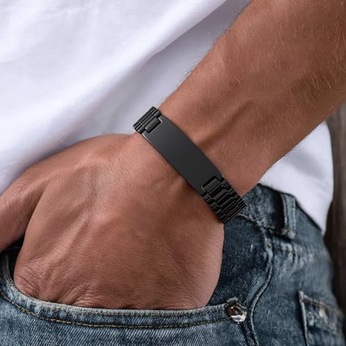 ChainsHouse Men Stainless Steel Bracelet Adjustable Custom ID Engraved Gift | Personalized Silver/Gold/Black for Birthday Father Husband Boyfriend with Gift Box Adjustable Tool 10mm/15mm/15.5mm 8.3"/8.7" - color: Q.15mm Width-Black-No Custom