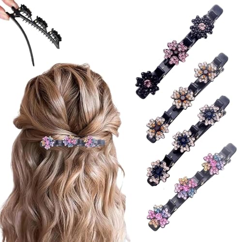 4 Pcs Sparkling Crystal Stone Braided Hair Clips, 2025 New Satin Fabric Hair Bands Rhinestone Four-Leaf Clover Hair Clip for Styling, Duck Bill Clips for Women Girls, Color A - color: Color A