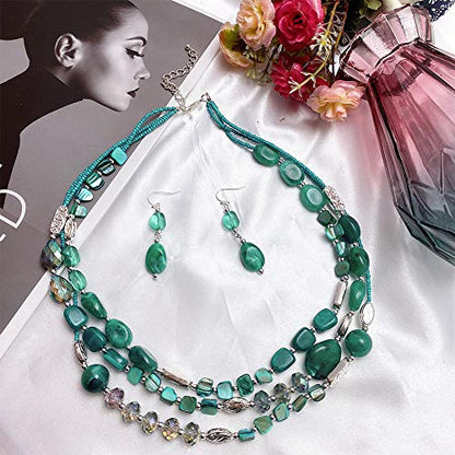 Coiris 3 Multi Layer Shell Glass Beaded Fashion Necklace for Women 21" - color: N0001-teal+silver