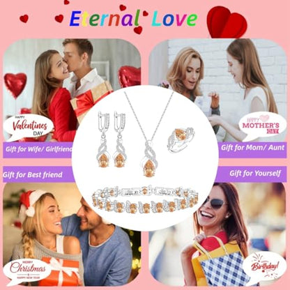 LMXXVJ Jewelry Set for Women,Teardrop Cubic Zirconia Necklace Earrings Adjustable Ring Bracelet Jewelry Set Formal Jewelry Gift - color: MHSD-White Gold-Champagne