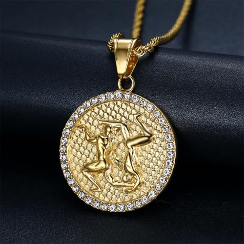 HIJONES Men's Women's Stainless Steel Zodiac Coin Embossed Necklace CZ Astrology Horoscope Pendant Necklace - color: Gold Gemini