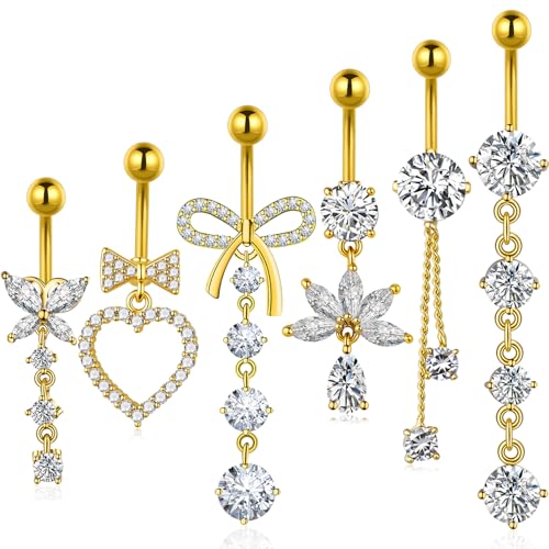 Dangle Belly Button Ring Surgical Stainless Steel Dangly Belly Rings for Women Dangling Heart Bow Butterfly Navel Belly Piercing Jewelry 14G - color: Gold Tone