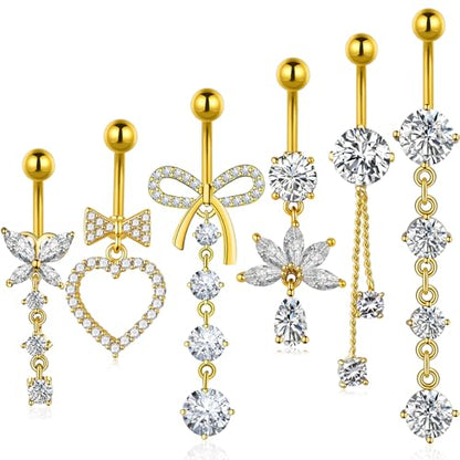 Dangle Belly Button Ring Surgical Stainless Steel Dangly Belly Rings for Women Dangling Heart Bow Butterfly Navel Belly Piercing Jewelry 14G - color: Gold Tone