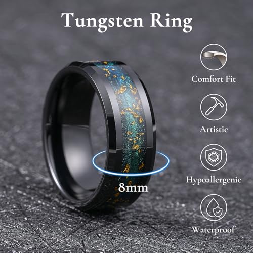 King Will Mens Galaxy Tungsten Wedding Band | 6mm/8mm, Beveled Edge, Comfort Fit, Durable, Sandstone Opal Inlay Polished, Everyday Wear - color: Blue&Green&Gold