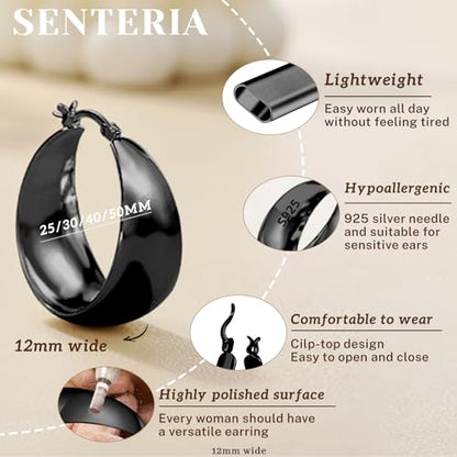 Senteria 12mm Wide Thick Sterling Silver Hoop Earrings Hypoallergenic | 14K Real Gold Plated Hoops Large Earring Lightweight Chunky Hoops Earring for Women Gift for Birthday Christmas 25/30/40/50MM - color: Black-40mm