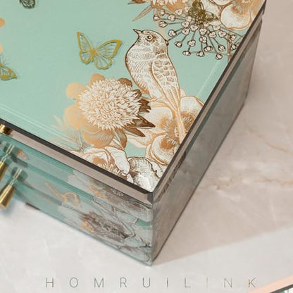 High End Glass Jewelry Box, 3 Layer Jewelry Organizer, Velvet-Lined Case For Ring, Necklace, Earring, Bracelet Storage,Ideal Gift for Her (Bird & Floral) | Large Jewelry Organizer, Velvet-Lined Case, For Ring, Necklace, Earring, Bracelet Watches Storage,