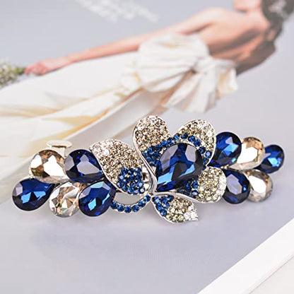 Flower Jewelry Design Hairpin Luxury Rhinestone Hair Barrette Clip Gorgeous Hair Accessories for Women(Deep Blue) - color: Deep Blue