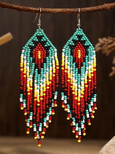 Bohemian Tassel Colorful Beaded Earrings For Women Trendy, Long Fringe Feather Drop Jewelry Handmade Gifts. - color: color10