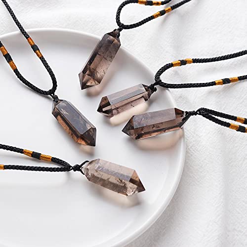Runyangshi Smoky Quartz Healing Crystal Pendants, Double Pointed Natural Crystal Quartz Necklace 6 Faceted Chakra Crystal Wand Stone Reiki Meditation - color: Smoky