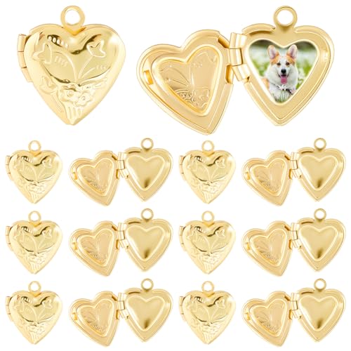 SUNNYCLUE 20Pcs Photo Frame Heart Charm Brass Locket Charms Gold Metal Love Shaped Openable Memory Picture Frame Pendants for Jewelry Making Necklace Earrings Keychain Bag DIY Crafts Memorial Gifts