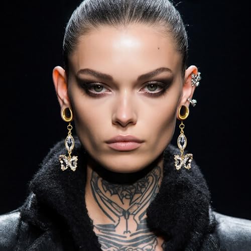 1 Pair Saddle Gauges Earring with Green Crystal Stone Ear Dangle Plugs Tunnels 00G 6mm-25mm (0G-1") Body Piercing Jewelry - color: Gold-1613, size: 8 mm