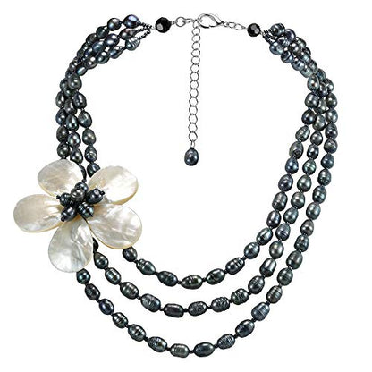 Glamorous Floral Mother of Pearl on Triple Strand of Cultured Freshwater Black Pearl Layered Necklace
