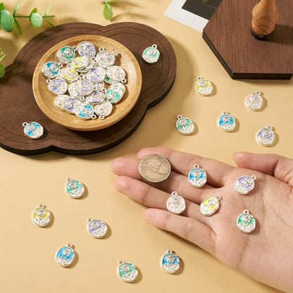 50Pcs Alloy Enamel Rose Flower Charms Platinum Plated Rose Charms for Jewelry Making, 16.5x12mm Drop Oil Floral Pendant for DIY Necklace Earring Bracelet Craft Supplies - color: Platinum, Oval Flower
