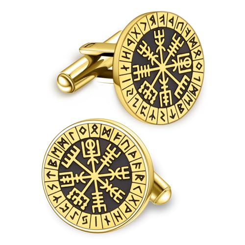 Mens Cufflinks, Norse Viking Tuxedo Cuff Links, Stainless Steel Viking Compass Vegvisir Rune Shirt Studs Mythology Jewelry Gift for Business Wedding - color: Compass-G