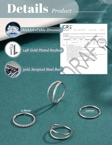 Dochais 4PCS 18G Nose Rings Hoops, Surgical Steel Earrings Tragus Septum Piercing CZ Clicker Ring, Hinged Segment Conch Lip Cartilage Double Hoops 8mm 10mm for Women Men - color: Silver, size: 20G(0.8mm),10mm