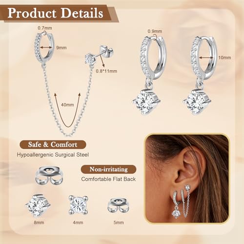 14K Gold Hoop Dangle Stud Earrings Surgical Steel Helix Piercing | Hypoallergenic,Cubic Zirconia,3 Pairs Huggie Hoop Set for Women,Dangle Stud,Cartilage Tragus Conch Earring,Jewelry Gift - color: L3-Silver Chain Earrings