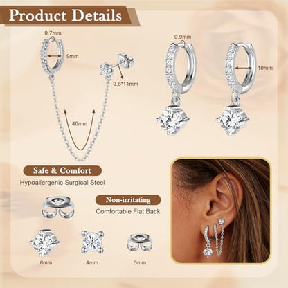 14K Gold Hoop Dangle Stud Earrings Surgical Steel Helix Piercing | Hypoallergenic,Cubic Zirconia,3 Pairs Huggie Hoop Set for Women,Dangle Stud,Cartilage Tragus Conch Earring,Jewelry Gift - color: L3-Silver Chain Earrings