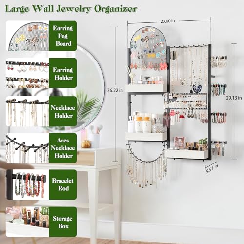 Keebofly Wall Mount Hanging Jewelry Organizer - Large Display Holder for Earrings, Rings, Necklaces, Bracelets, Watches and Perfume - White - color: White