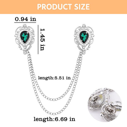 Teardrop Rhinestone Brooch Mens Lapel Pins for Shirt Collar Hanging Chain Brooch Suit Pin Crystal Rhinestone Lapel Pins for Men - color: Green-J