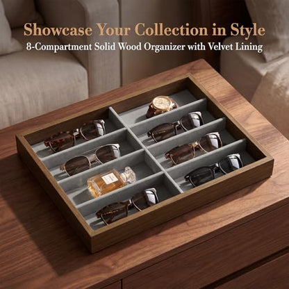 Stratalife 8 Grids Drawer Sunglasses Organizer Tray, Gray Velvet | Stackable Eyeglasses Storage Case with Removable Dividers, Wood Jewelry Display Case for Necklace Bracelet, 13.78x9.5x1.2inch - color: Grey-01