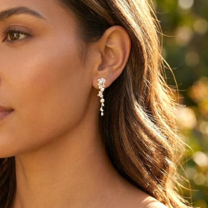 Sonateomber Gold Silver Pearl Rhinestone Dangle Earrings for Women, Elegant CZ Leaf Butterfly Bridal Earings Prom Wedding Fashion Jewelry Gift - color: Gold