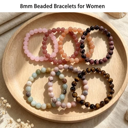COLOYAN 7 Pcs 8mm Natural Stone Beaded Healing Crystal Bracelets for Women | Durable Handmade Stretch Bracelets, Multiple Styles,Semi-Precious Gemstones Reiki Spiritual Jewelry Gift Meditation Yoga - color: C