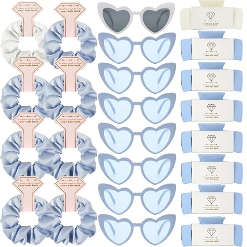 Bridesmaid Scrunchies Proposal Hair claws clips Set of 12 Bridal Shower heart sunglasses Gifts for Wedding Bachelorette Party Favors (24pcs White&Dusty Blue) - color: 24pcs White&Dusty Blue