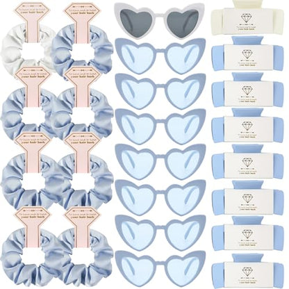 Bridesmaid Scrunchies Proposal Hair claws clips Set of 12 Bridal Shower heart sunglasses Gifts for Wedding Bachelorette Party Favors (24pcs White&Dusty Blue) - color: 24pcs White&Dusty Blue