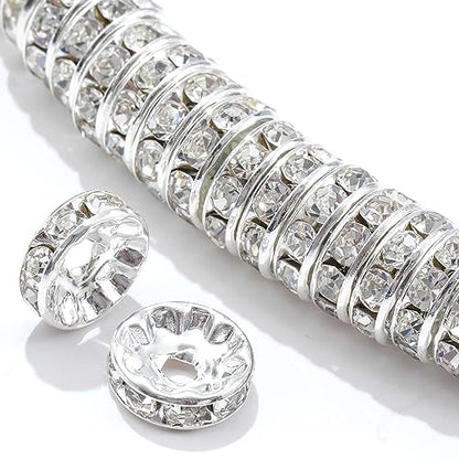 100Pcs Rondelle Spacer Beads Round Crystal Charms Czech Rhinestone Silver Plated Spacer Loose Beads for DIY Bracelet Necklace Jewelry Making Supplies (4MM, White) - color: White, size: 4MM
