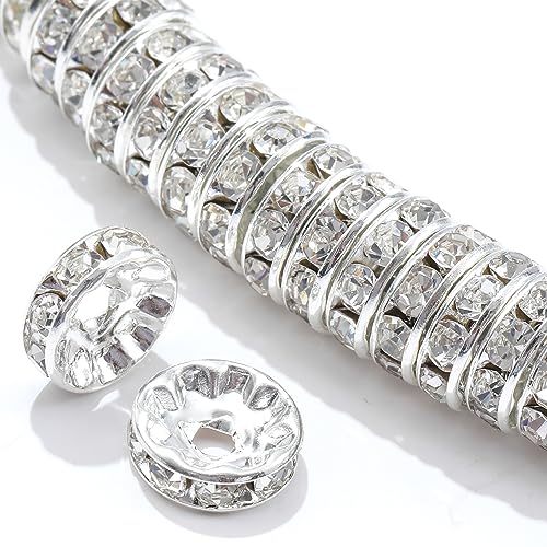 100Pcs Rondelle Spacer Beads Round Crystal Charms Czech Rhinestone Silver Plated Spacer Loose Beads for DIY Bracelet Necklace Jewelry Making Supplies (4MM, White) - color: White, size: 4MM