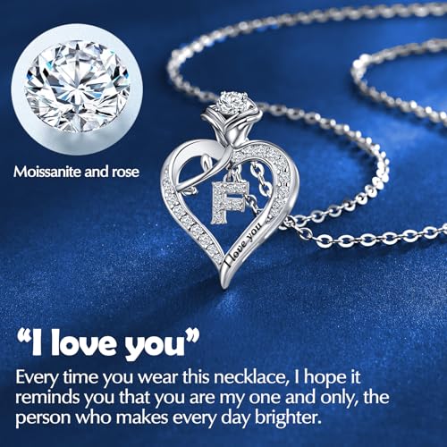 Rose Heart Pendant Necklace Gifts for Wife, Engraved 'I love you' Gift for Wife Girlfriend, Anniversary Birthday Eternity Jewelry Present for Women, Moissanite Necklace Gift for Her - style: F