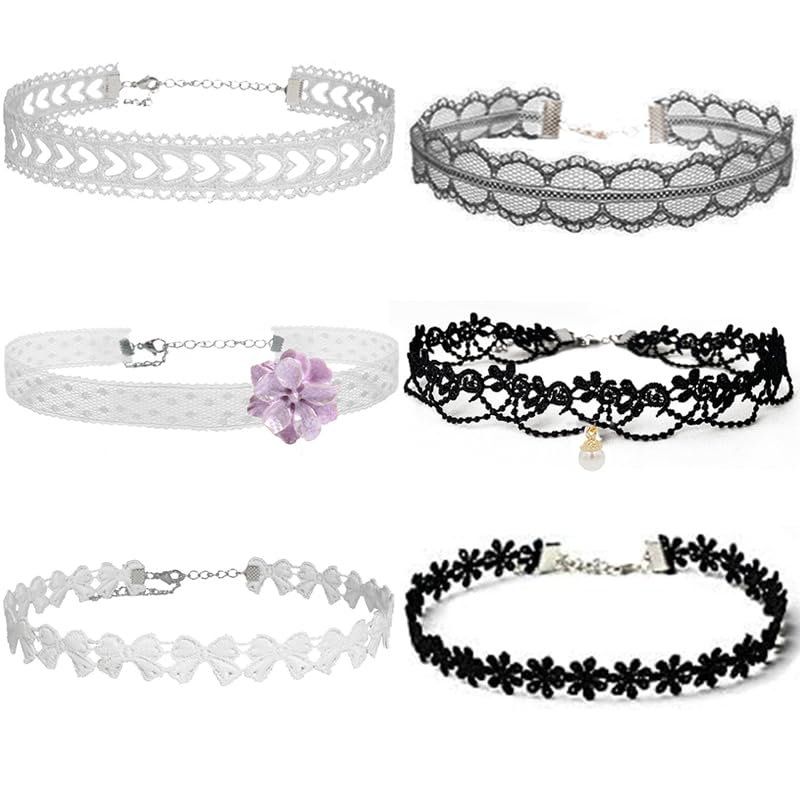Nova&Aria Chokers Set For Women Heart Choker Necklaces Flower Pendant Velvet Cute Pink Turquoise Blue White Black Choker Necklace Christmas Colorful Lace Chokers - color: Black&White