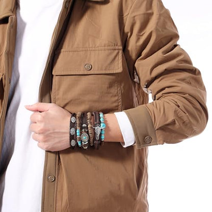 Braided Faux Leather Bracelet Punk Cuff Wrap Bracelets for Men Women Skull,Star,Bull bracelets - color: A5:6PCS