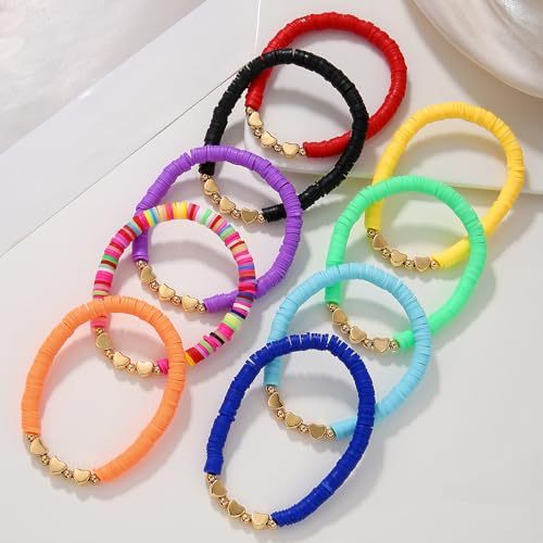 Friendship Bracelets for Women - Heishi Surfer Colorful Smile Evil Eye Clay Beaded Stretch Bracelets Elastic Layering - Stackable Boho Disc Y2K Aesthetic Summer Jewelry Set. - color: 3heart-9pc-Colorful