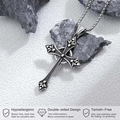 Gothic Celtic Cross Necklace, Stainless Steel Fleur De Lis Pendant | Eternity Ring Design, Reversible, Oxidized Finish, 316L Stainless Steel, Medieval Goth Jewelry, Unisex Gift, 22" Box Chain