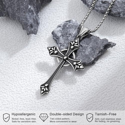 Gothic Celtic Cross Necklace, Stainless Steel Fleur De Lis Pendant | Eternity Ring Design, Reversible, Oxidized Finish, 316L Stainless Steel, Medieval Goth Jewelry, Unisex Gift, 22" Box Chain