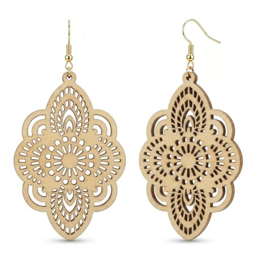 Boho Black Filigree Dangle Earrings for Women, Lightweight Hollow Lace Drop, Wood, 3.34" x 1.69", Bohemian Jewelry - color: Beige