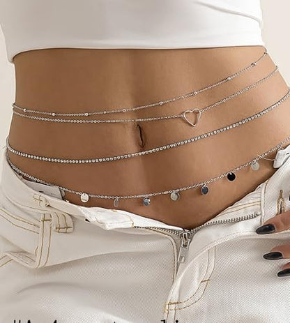 Gold Chain Belt - Fashion Waist Chain Belt with Moon, Butterfly Rhinestone & Layered Design - color: F2 -mix 4pcs silver