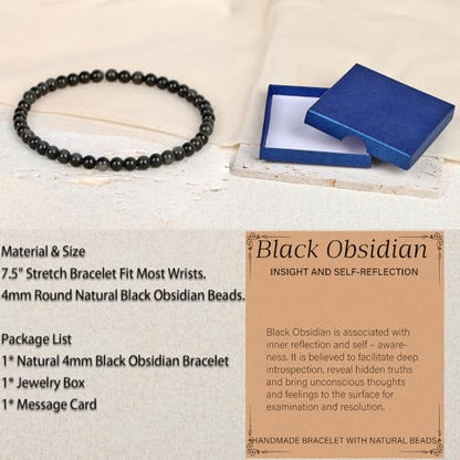 LPBeads Handmade Natural Gemstone Stretch Elastic Bracelet Healing Crystal Round Stone Beads Jewelry Gifts for Women Men - color: Black Obsidian, size: 4mm