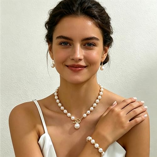 Cryshimmer Pearl Choker Necklace for Women Faux Pearl Beads Strand Necklace Earring Set Costume Jewelry,Gift for Wife Mother - color: Elegant Set