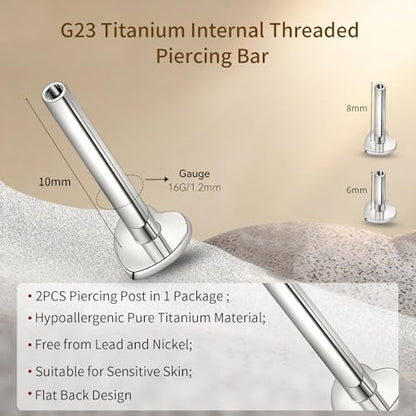 limerencia 16G/18G Hypoallergenic Internal Threaded Titanium Bar Post Replacement,Flat Back Stud Earrings Post Medusa Helix Couch Labret Bar for Women Men Sensitive Ears(A Pair) - color: silver heart, size: 16G-10mm