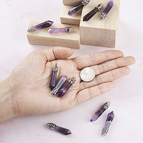 12Pcs Amethyst Bullet Shape Gemstone Pendants Hexagonal Chakra Crystal Pointed Quartz Charms with Platinum Alloy Loop 33~40x8~9mm for Necklace Earring Bracelet Making - color: 1-Bullet-Purple Amethyst