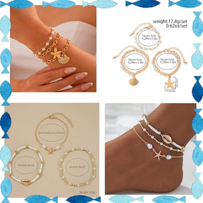 Seashell Starfish Jewelry Set for Women Ocean Vacation Accessories Layered Charm Necklace Bracelets Earrings Rings Anklet Summer Beach Jewelry Gifts - style: Style : Gold Ocean A